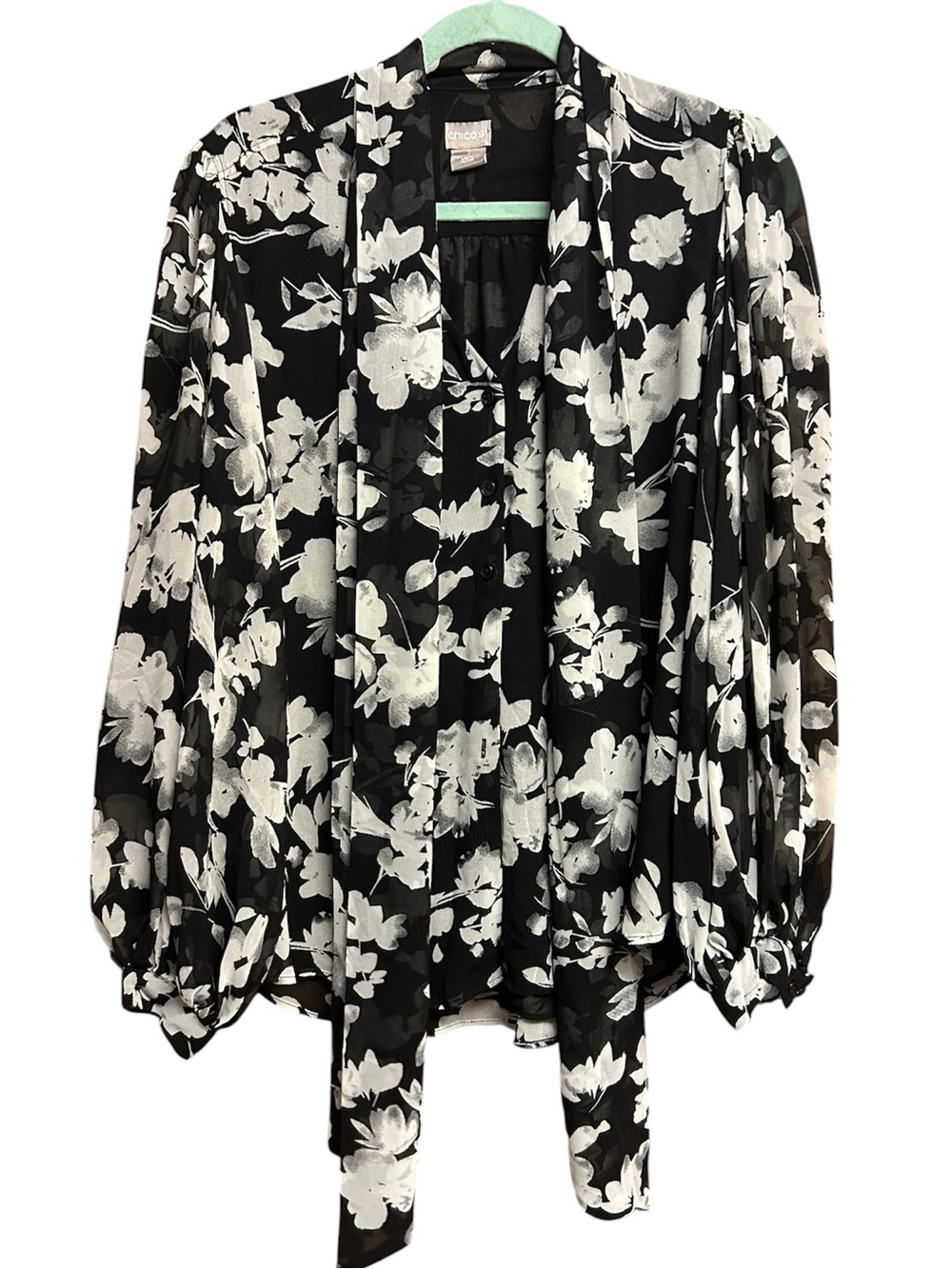 Chico’s Sheer Black and White Floral Blouse with Neck Tie